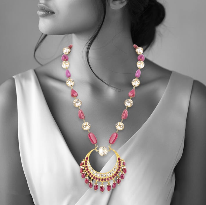 Necklace with Chandbali Polki Pendant & Jadau Southsea Beads